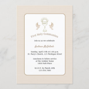 Trendy First Communion Tan Stripes with Chalice Invitation