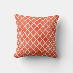 Trendy Flame Orange Watercolor Quatrefoil Pattern Cushion