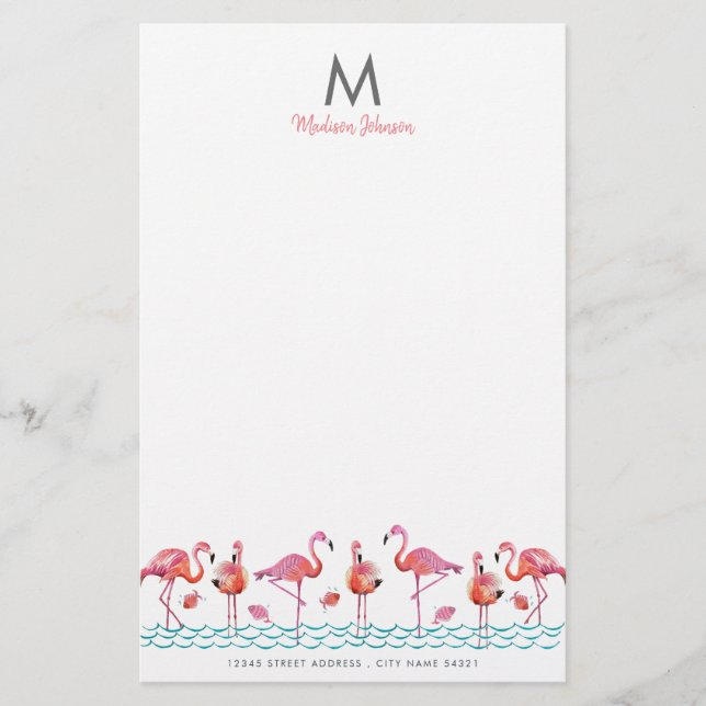 Trendy Flamingo Pink & Blue birds monogram drawing Stationery (Front)