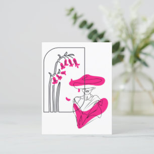 Trendy floral black and pink  line art   postcard