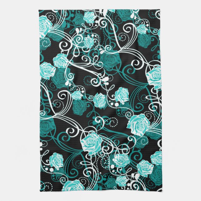 Trendy Floral | Black Turquoise & White Roses Tea Towel (Vertical)