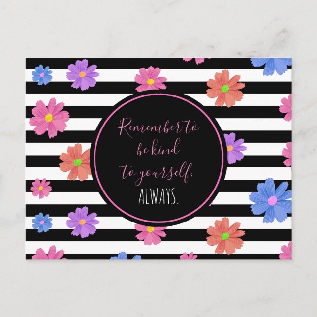 Trendy Floral Black & White Stripes Motivational Postcard (Front)