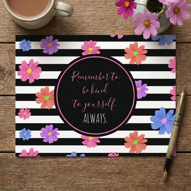 Trendy Floral Black & White Stripes Motivational Postcard (Creator Uploaded)