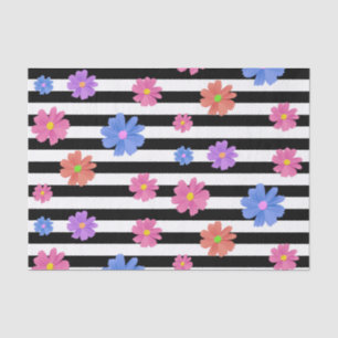 Trendy Floral Black & White Stripes Patterned Tissue Paper