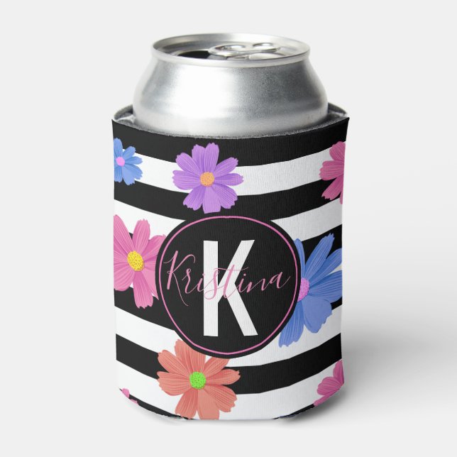 Trendy Floral Black & White Stripes Personalised Can Cooler (Can Front)