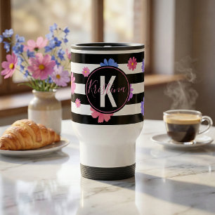 Trendy Floral Black & White Stripes Personalised Travel Mug