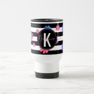 Trendy Floral Black & White Stripes Personalised Travel Mug