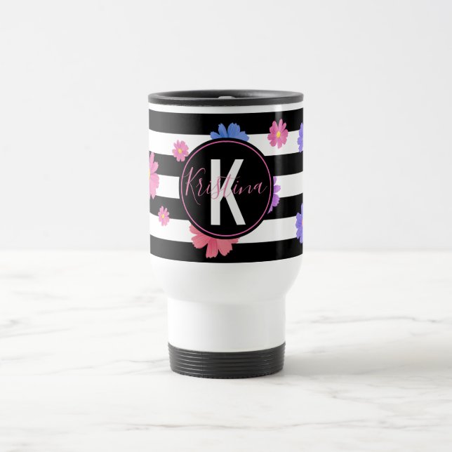 Trendy Floral Black & White Stripes Personalised Travel Mug (Center)