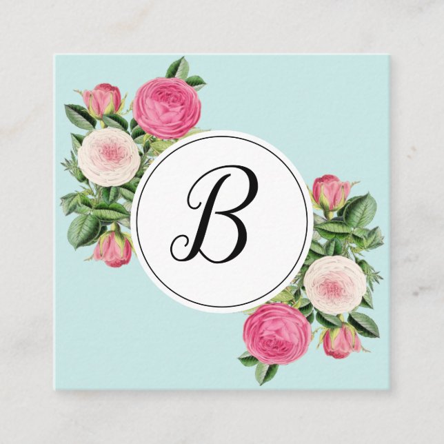 Trendy floral blue monogram rose business cards (Front)