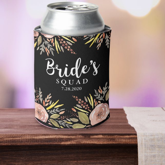 Trendy Floral Bride Squad Custom Wedding Date Can Cooler (Creator Uploaded)