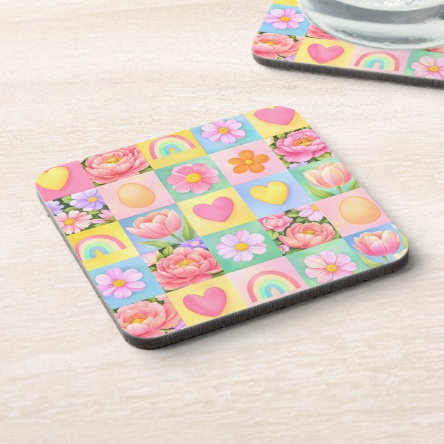 Trendy Floral Checkerboard Spring Pattern Coaster (Left Side)