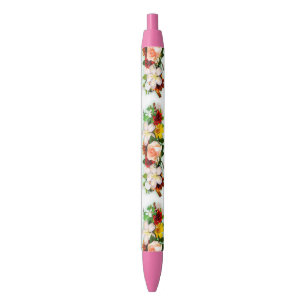 Trendy Floral Colourful Flowers Roses Template Blue Ink Pen