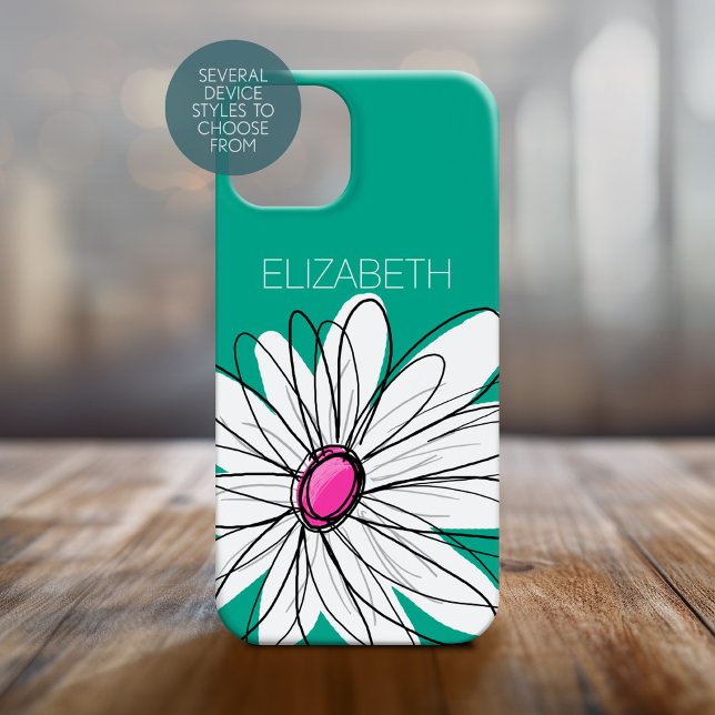 Trendy Floral Daisy Illustration - Pink and Green Case-Mate iPhone Case (Personalized Phone Case with Whimsical Daisy and Custom Name)