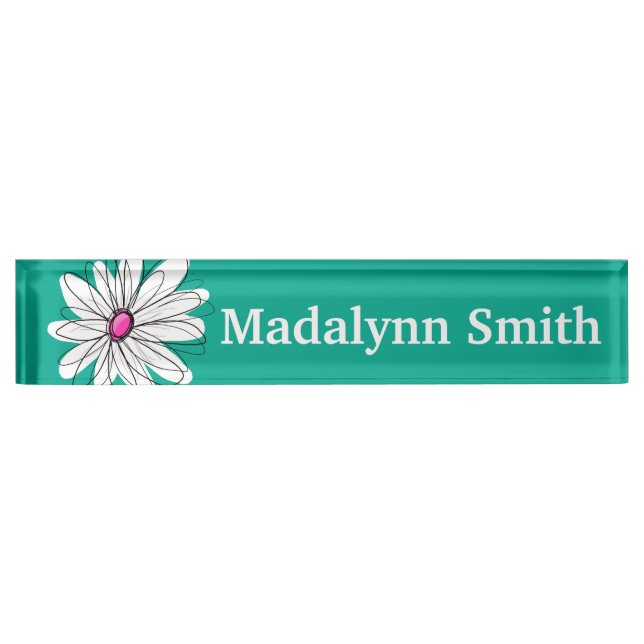 Trendy Floral Daisy Illustration - Pink and Green Nameplate (Front)