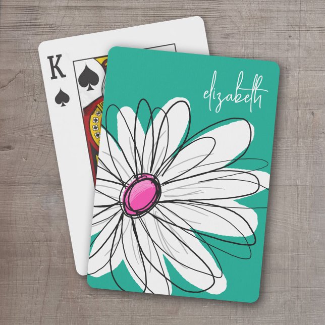 Trendy Floral Daisy Illustration - Pink and Green Playing Cards (Whimsical Daisy Personalized Playing Cards)