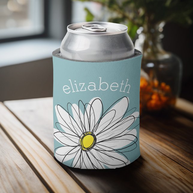 Trendy Floral Daisy with blue yellow custom name Can Cooler (Personalized can cooler with a place to add a name or other custom text)