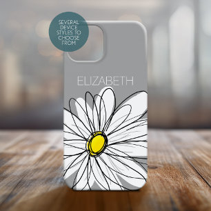 Trendy Floral Daisy with grey yellow custom name