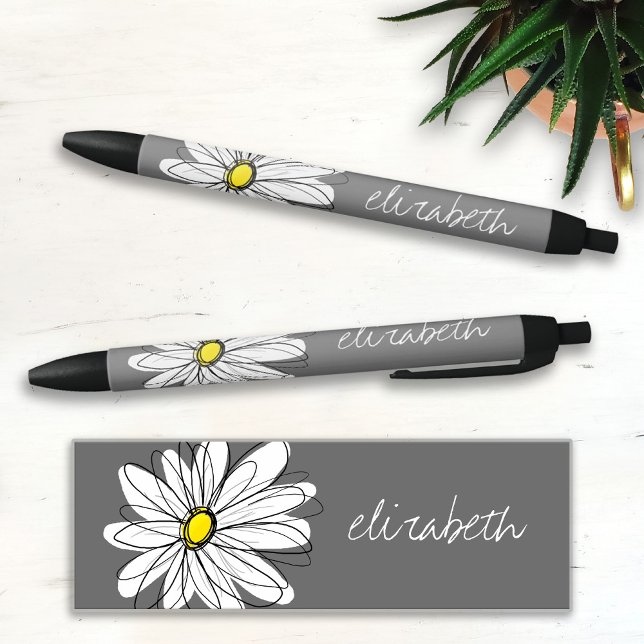 Trendy Floral Daisy with grey yellow custom name Black Ink Pen (Creator Uploaded)