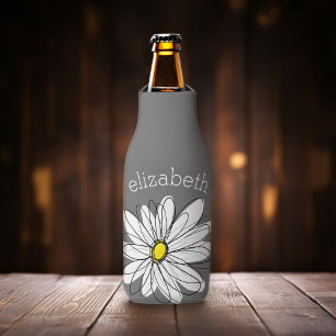 Trendy Floral Daisy with grey yellow custom name Bottle Cooler
