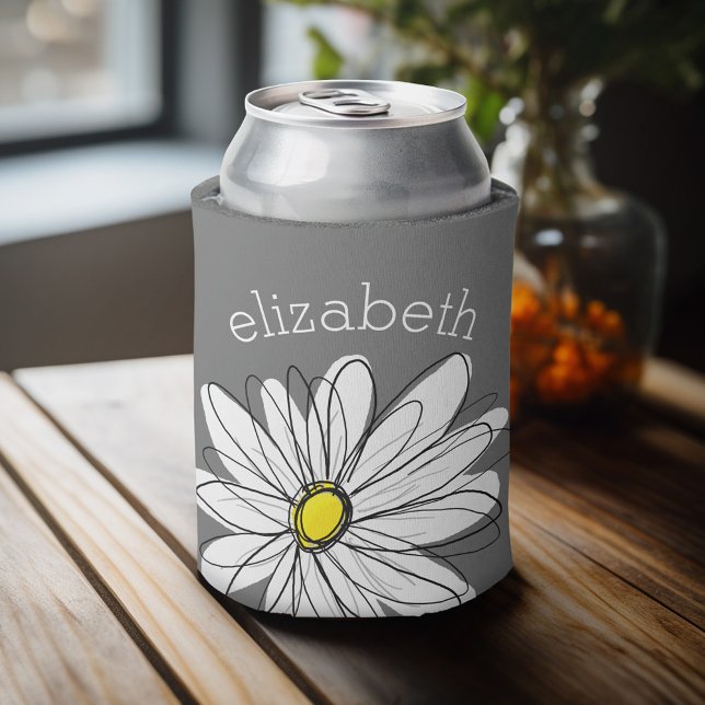 Trendy Floral Daisy with grey yellow custom name Can Cooler (Personalized can cooler with custom text)
