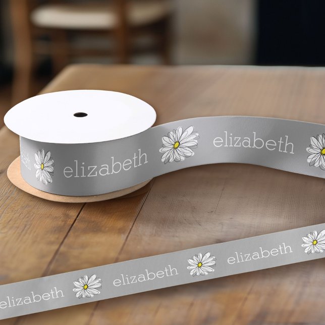 Trendy Floral Daisy with grey yellow custom name Satin Ribbon (Custom Ribbon on a Roll - Personalize this ribbon with you text)