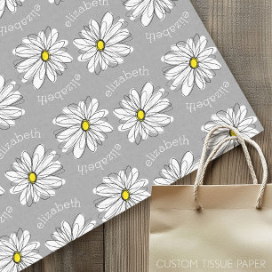 Trendy Floral Daisy with grey yellow custom name Tissue Paper
