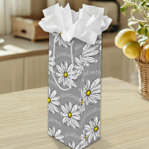 Trendy Floral Daisy with grey yellow custom name Wine Gift Bag