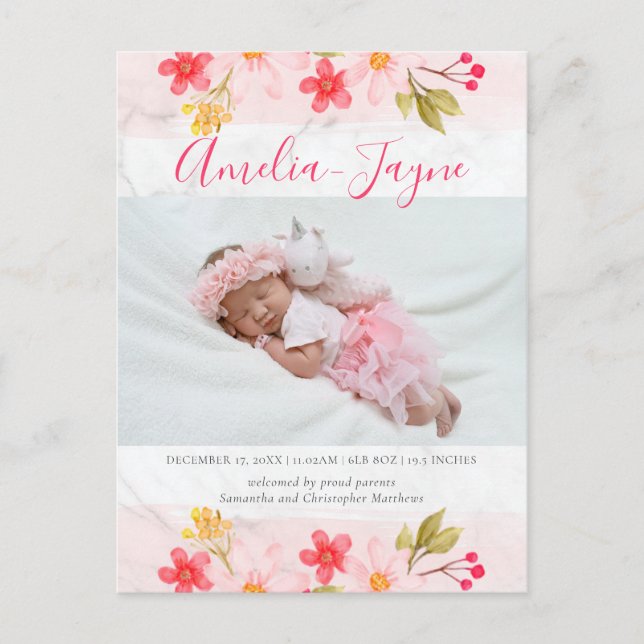 Trendy Floral Marble Photo Birth Announcement Postcard (Front)