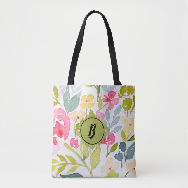 Trendy Floral Monogram Tote Bag (Front)