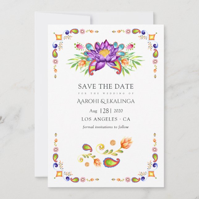 Trendy Floral Paisley Indian Wedding Save The Date (Front)