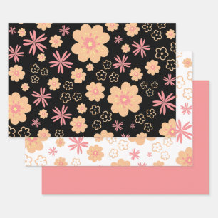 Trendy Floral Pattern and Sweet Plain Pink Wrapping Paper Sheet