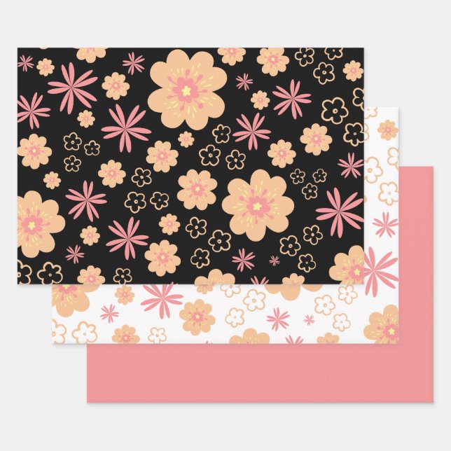 Trendy Floral Pattern and Sweet Plain Pink Wrapping Paper Sheet (Set)