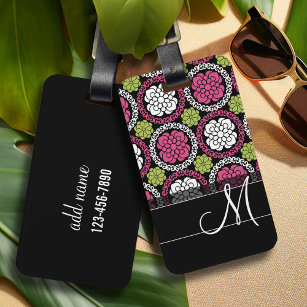 Trendy Floral Pattern Hot Pink and Black Monogram Luggage Tag