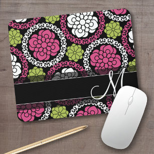Trendy Floral Pattern Hot Pink and Black Monogram Mouse Mat