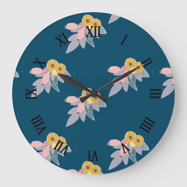 Trendy floral pattern on navy blue large clock (Front)