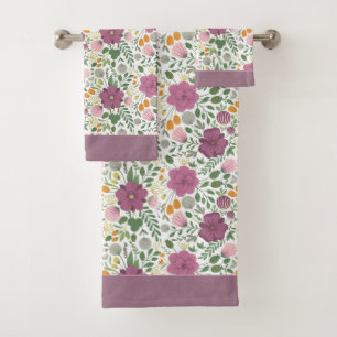 Trendy Floral Pattern Pink Yellow Purple Greenery  Bath Towel Set