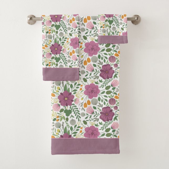 Trendy Floral Pattern Pink Yellow Purple Greenery  Bath Towel Set (Insitu)