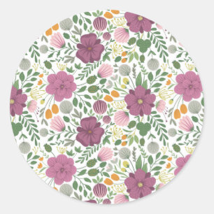 Trendy Floral Pattern Pink Yellow Purple Greenery  Classic Round Sticker