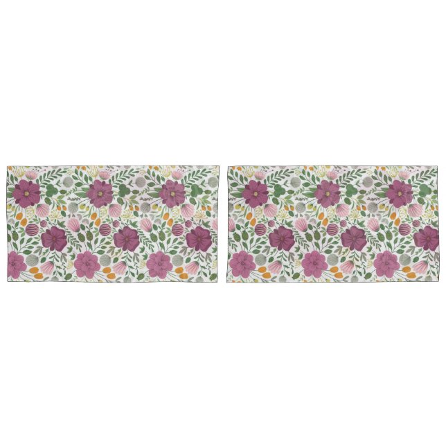 Trendy Floral Pattern Pink Yellow Purple Greenery  Pillowcase (Front-Set)