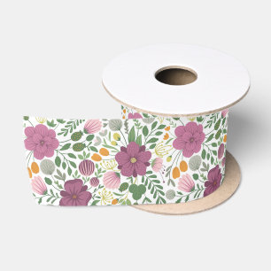 Trendy Floral Pattern Pink Yellow Purple Greenery  Satin Ribbon