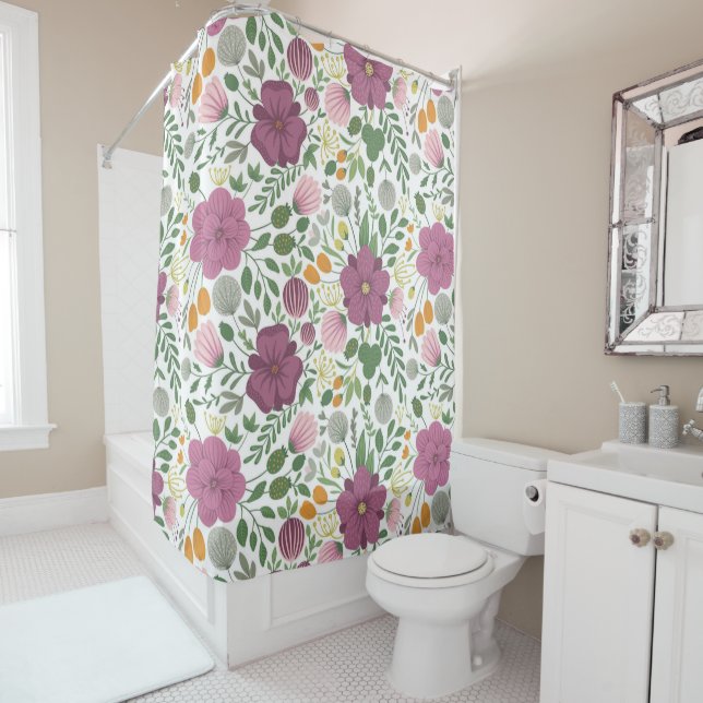 Trendy Floral Pattern Pink Yellow Purple Greenery  Shower Curtain (In Situ)