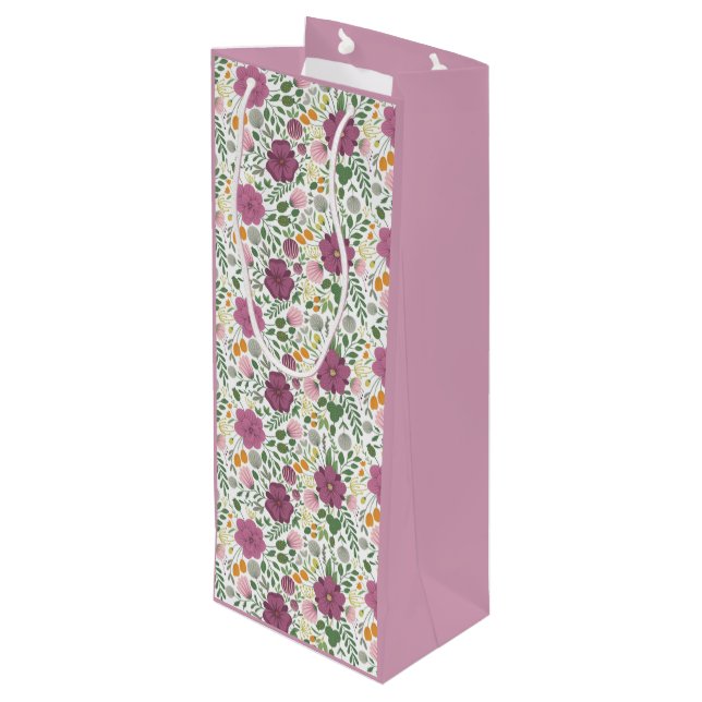 Trendy Floral Pattern Pink Yellow Purple Greenery  Wine Gift Bag (Back Angled)