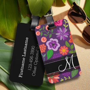 Trendy Floral Pattern Purple and Black Monogram Luggage Tag