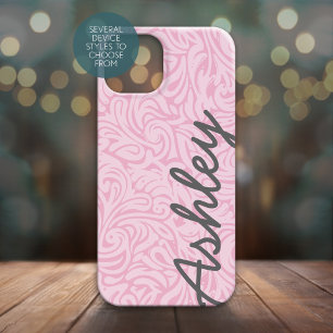 Trendy Floral Pattern with name - pink and grey iPhone 15 Case