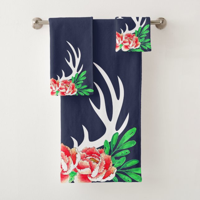 Trendy Floral Peonies & Deer Antlers Bath Towel Set (Insitu)