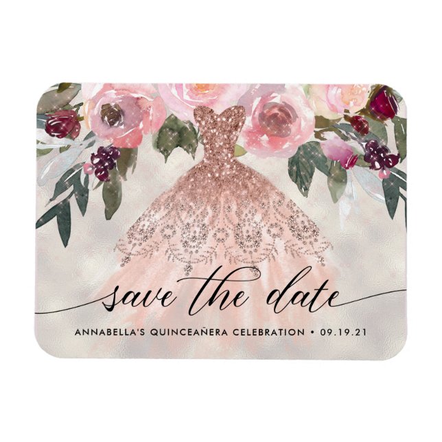 Trendy Floral Photo Quinceañera Save The Date Magnet (Horizontal)