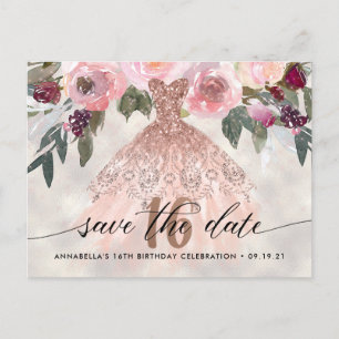 Trendy Floral Photo Sweet 16 Save The Date Postcard