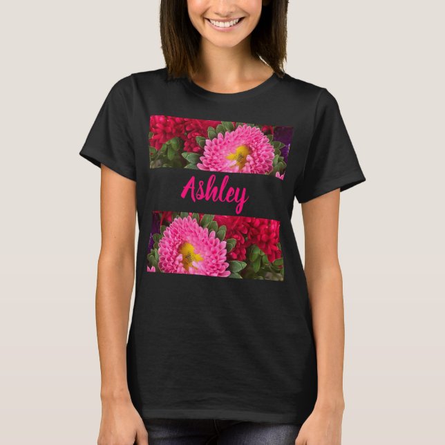 Trendy Floral Pink and Red Aster Flowers T-Shirt (Front)
