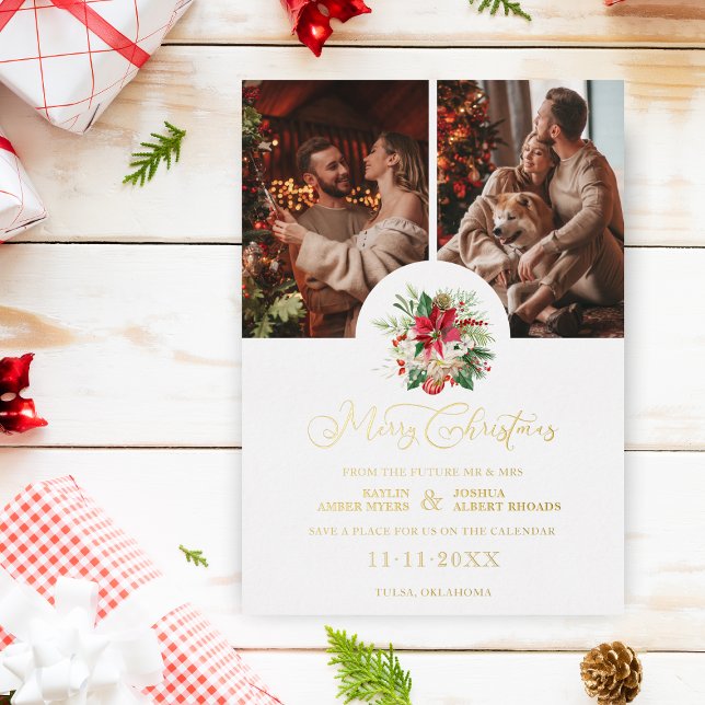 Trendy Floral Poinsettias Bouquet Christmas 2 Phot Foil Holiday Card (Creator Uploaded)