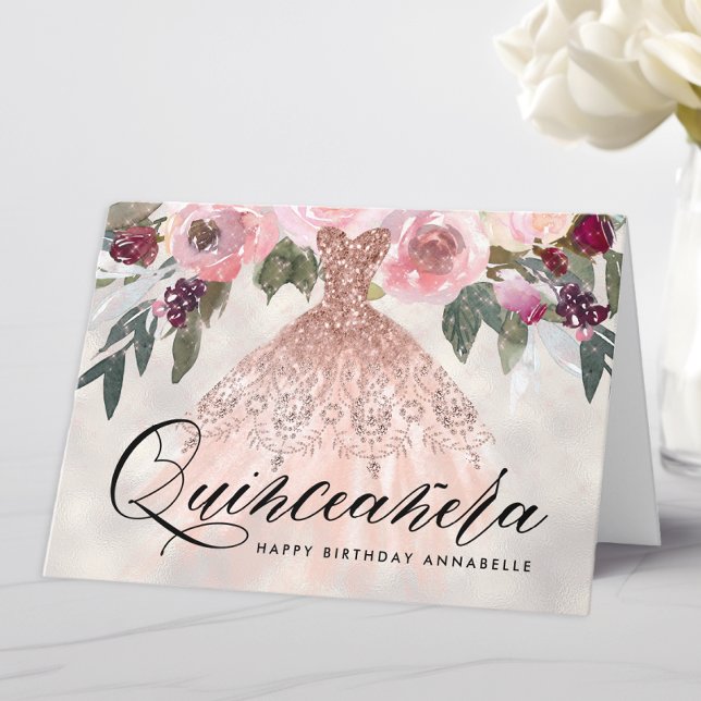 Trendy Floral Quinceañera Birthday Card (Creator Uploaded)